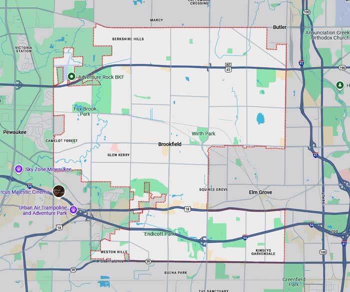 Map of the service area of First Choice Roofing in Brookfield, WI