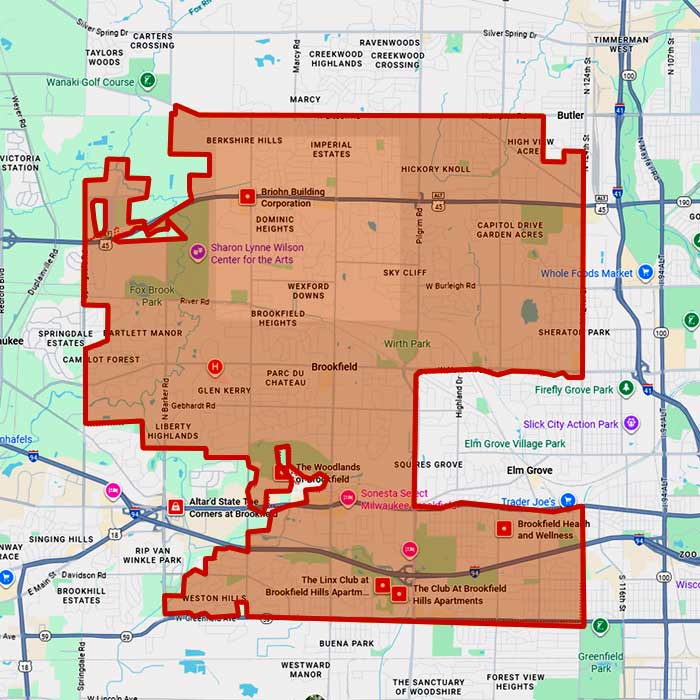 Map of the service area of First Choice Roofing in Brookfield, WI