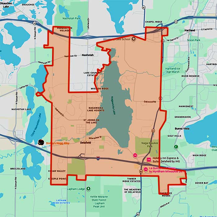 First Choice Roofing service coverage around Delafield, Wisconsin