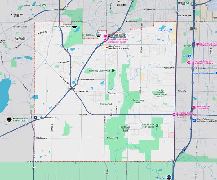 Map of the service area of First Choice Roofing in Franklin, WI