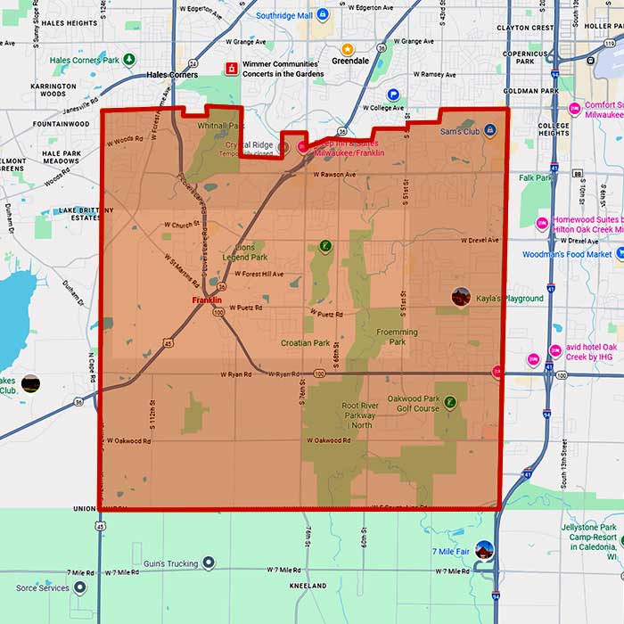 Map of the service area of First Choice Roofing in Franklin, WI