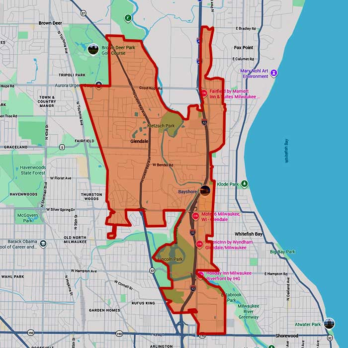 Map of the service area of First Choice Roofing in Glendale, WI