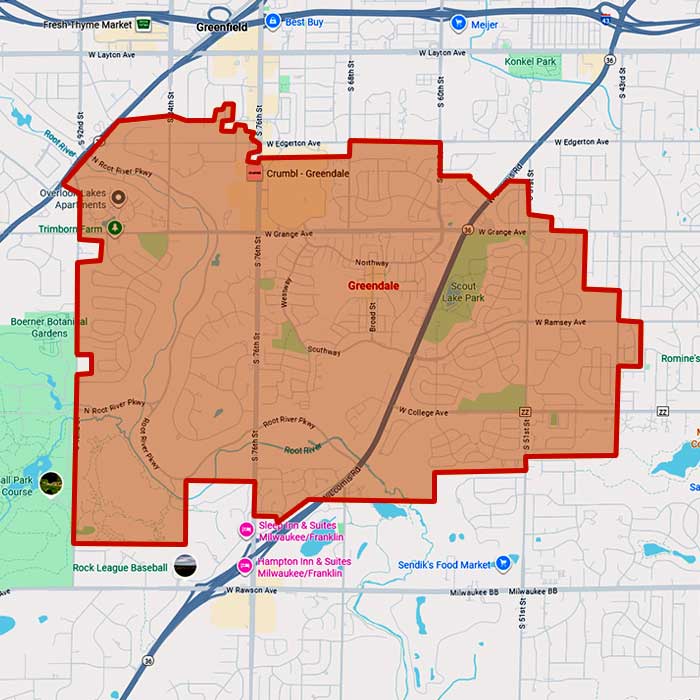 Map showing First Choice Roofing service area around Greendale, WI