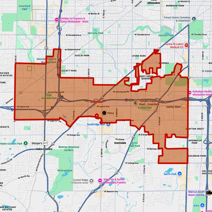 Map showing First Choice Roofing service coverage around Greenfield, WI