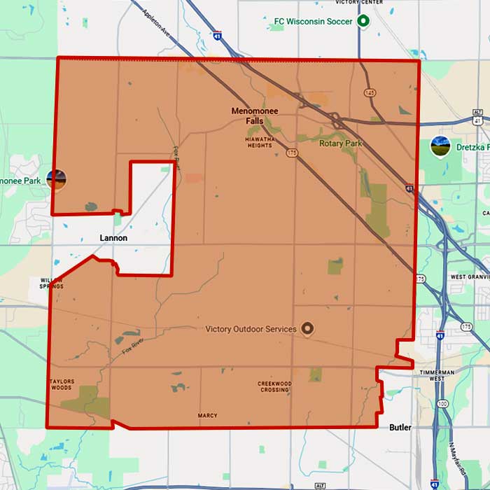Map showing First Choice Roofing service area around Menomonee Falls Wisconsin