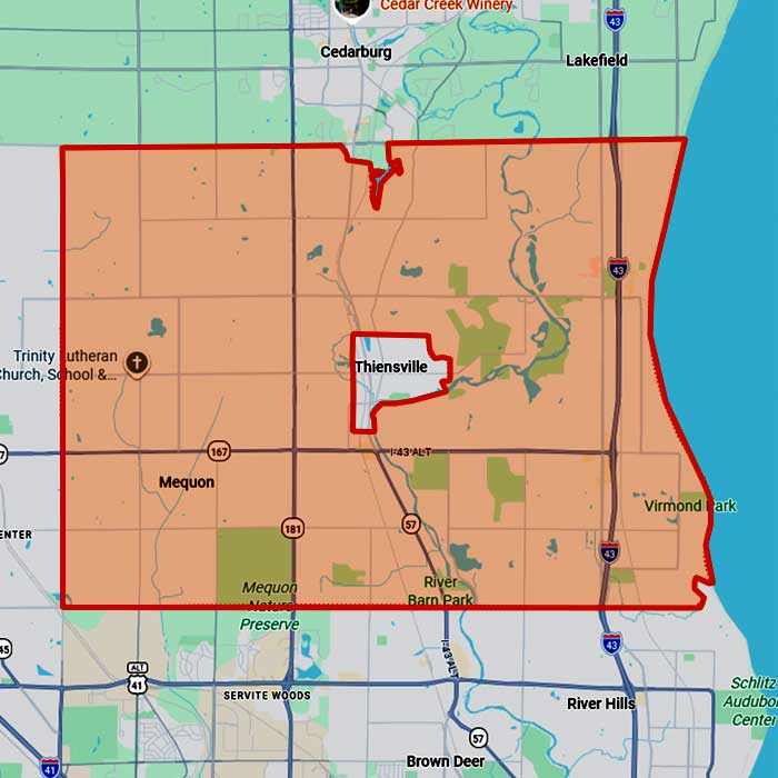 First Choice Roofing service coverage area around Mequon, Wisconsin