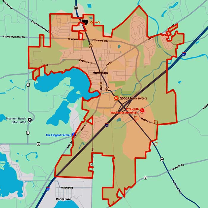 First Choice Roofing service coverage area around Mukwonago, Wisconsin