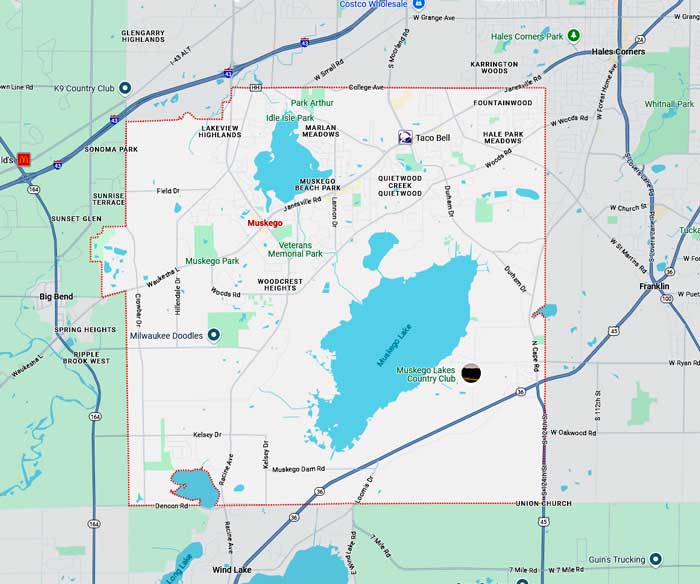 Map of the service area of First Choice Roofing in Muskego, WI