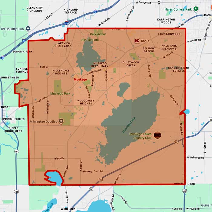 First Choice Roofing service coverage area around Muskego, Wisconsin