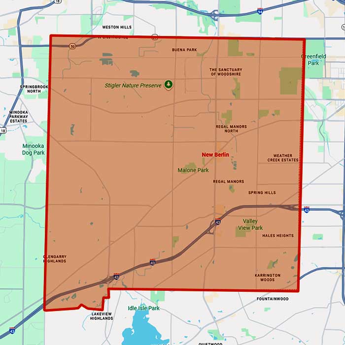 Service area map showing First Choice Roofing coverage around New Berlin, Wisconsin