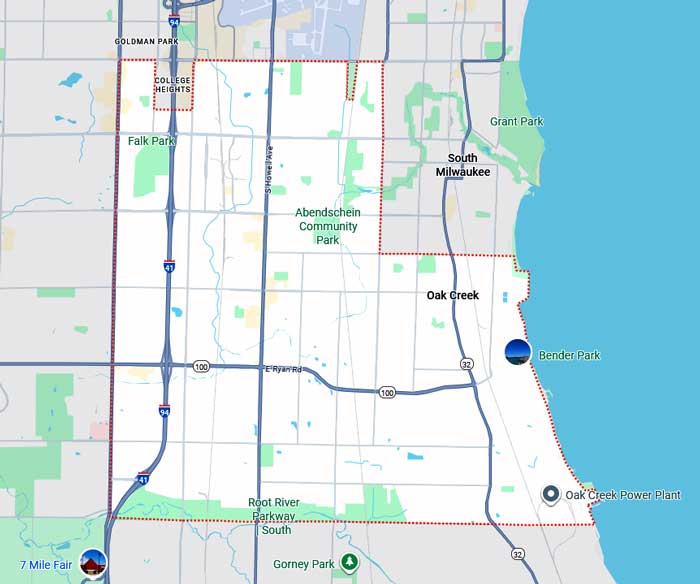 Map of the service area of First Choice Roofing in Oak Creek, WI