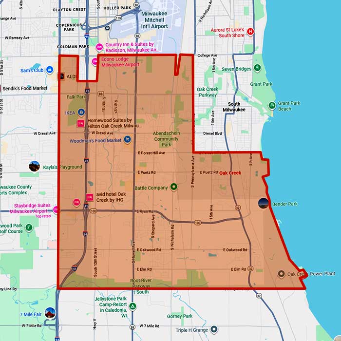 Map of the service area of First Choice Roofing in Oak Creek, WI