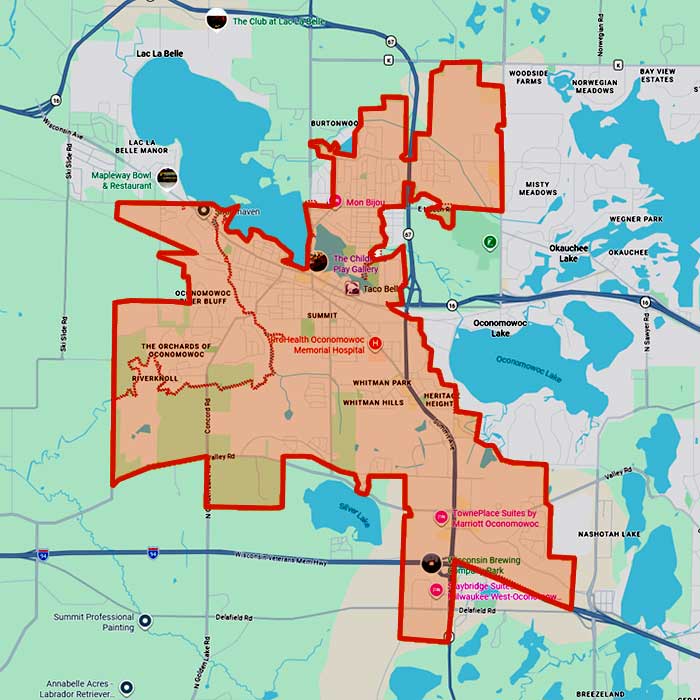 First Choice Roofing service coverage around Oconomowoc, Wisconsin