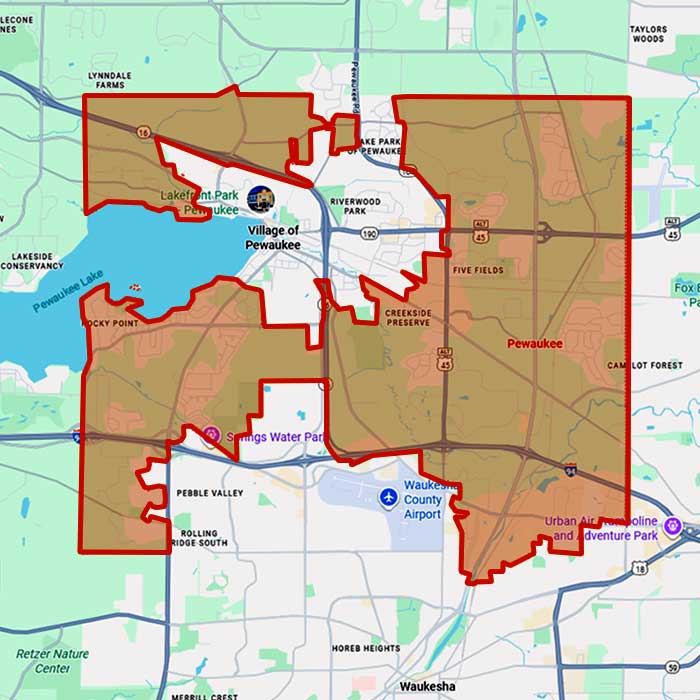 Service area map of First Choice Roofing around Pewaukee, Wisconsin