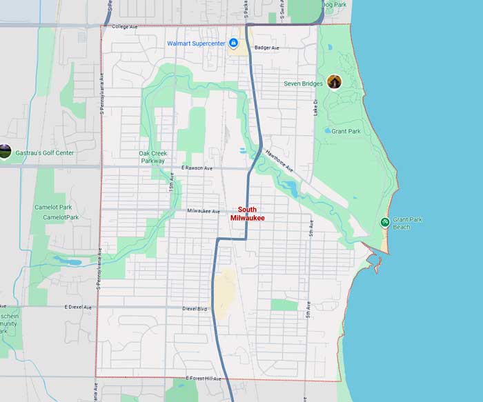 Map of the service area of First Choice Roofing in South Milwaukee, WI