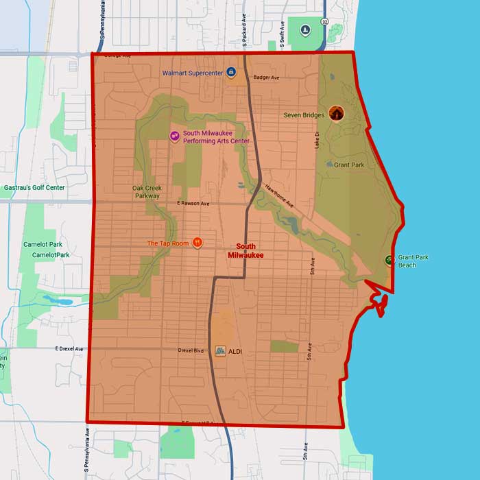 Map of the service area of First Choice Roofing in South Milwaukee, WI