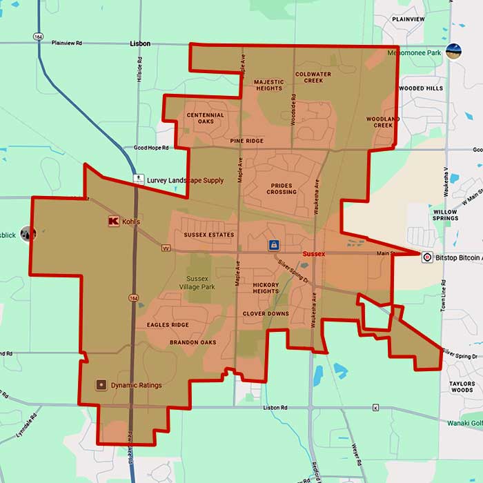Map showing First Choice Roofing service area around Sussex Wisconsin