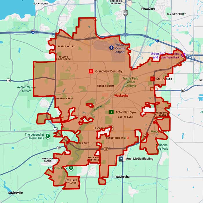 Map showing First Choice Roofing service area around Waukesha, Wisconsin